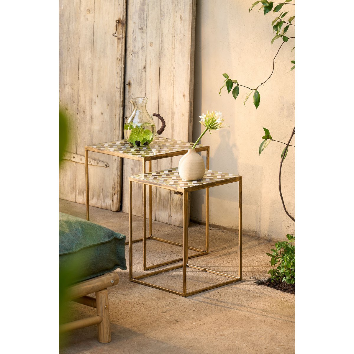 Alanza Bijzettafel Buiten - Set van 2 - L38 x B38 x H48 cm - Metaal - Groen - Afbeelding 6